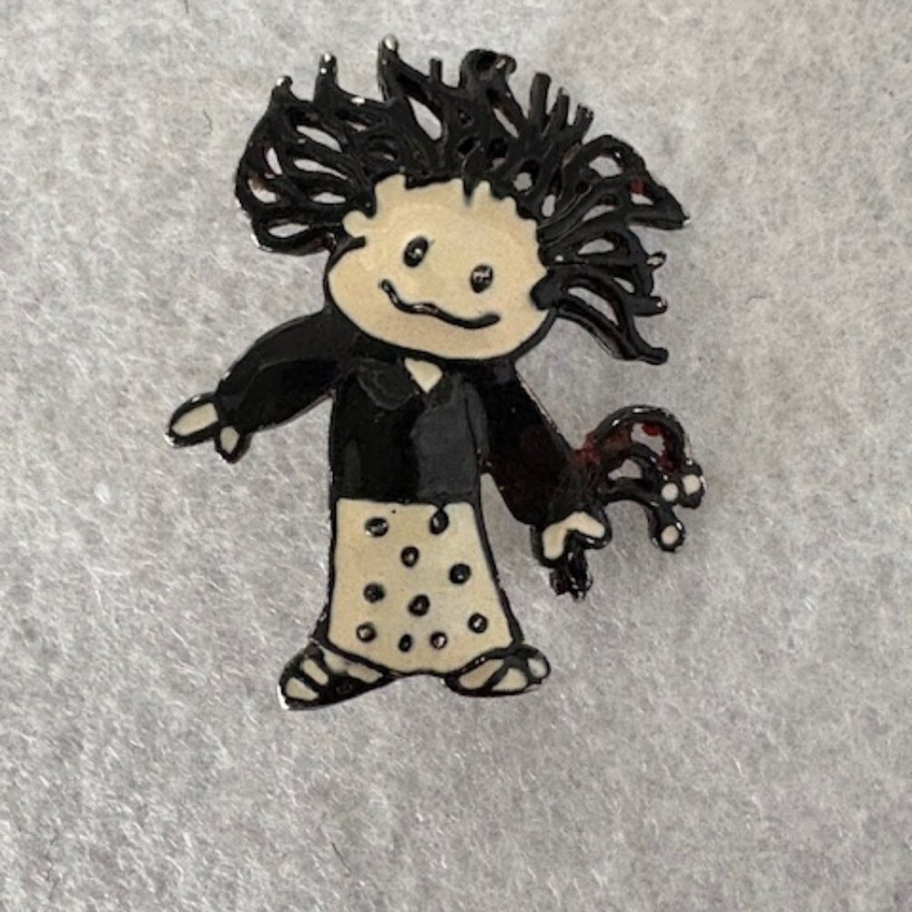 Vintage Papel Giftware Black & White Enamel Girl with Flowers Pin Brooch